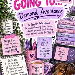 May include: A digital illustration titled I WAS GOING TO... Demand Avoidance. It features a desk with a to-do list, a mug labeled Progress NOT Perfection, a pen, a pencil holder with pens, a laptop, and a sleeping dachshund dog. Text notes include It's not that I don't want to, Things I do want to do, and The more it feels like I have to. A stack of books lists Less Pressure, More Understanding, Kindness, Small Steps, My Way, and Progress Counts.