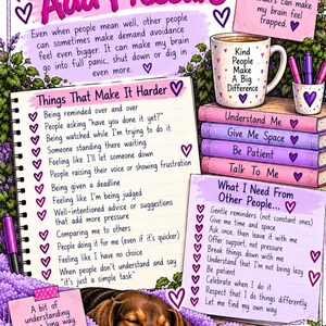 May include: An educational infographic titled When Other People Add Pressure, featuring a list of stressors, a section on needs, a sleeping brown dog, a mug with the text Kind People Make A Big Difference, and purple books with labels.