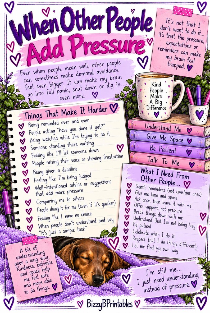 May include: An educational infographic titled When Other People Add Pressure, featuring a list of stressors, a section on needs, a sleeping brown dog, a mug with the text Kind People Make A Big Difference, and purple books with labels.