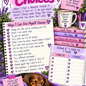 May include: A colorful educational print titled Giving Myself Choices featuring a list of strategies, a stack of books with text, a mug labeled Different Choices Same Brilliant Me, a blank I Have To I Could chart, and a sleeping brown dog.