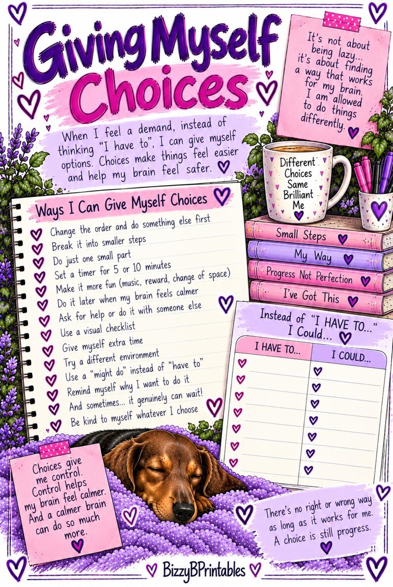 May include: A colorful educational print titled Giving Myself Choices featuring a list of strategies, a stack of books with text, a mug labeled Different Choices Same Brilliant Me, a blank I Have To I Could chart, and a sleeping brown dog.