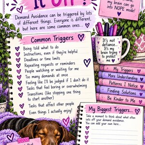 May include: An educational infographic titled What Sets It Off? featuring a list of common demand avoidance triggers, a mug with text, a stack of books, a sleeping brown dog on a purple blanket, and a notepad for personal notes with purple heart accents.