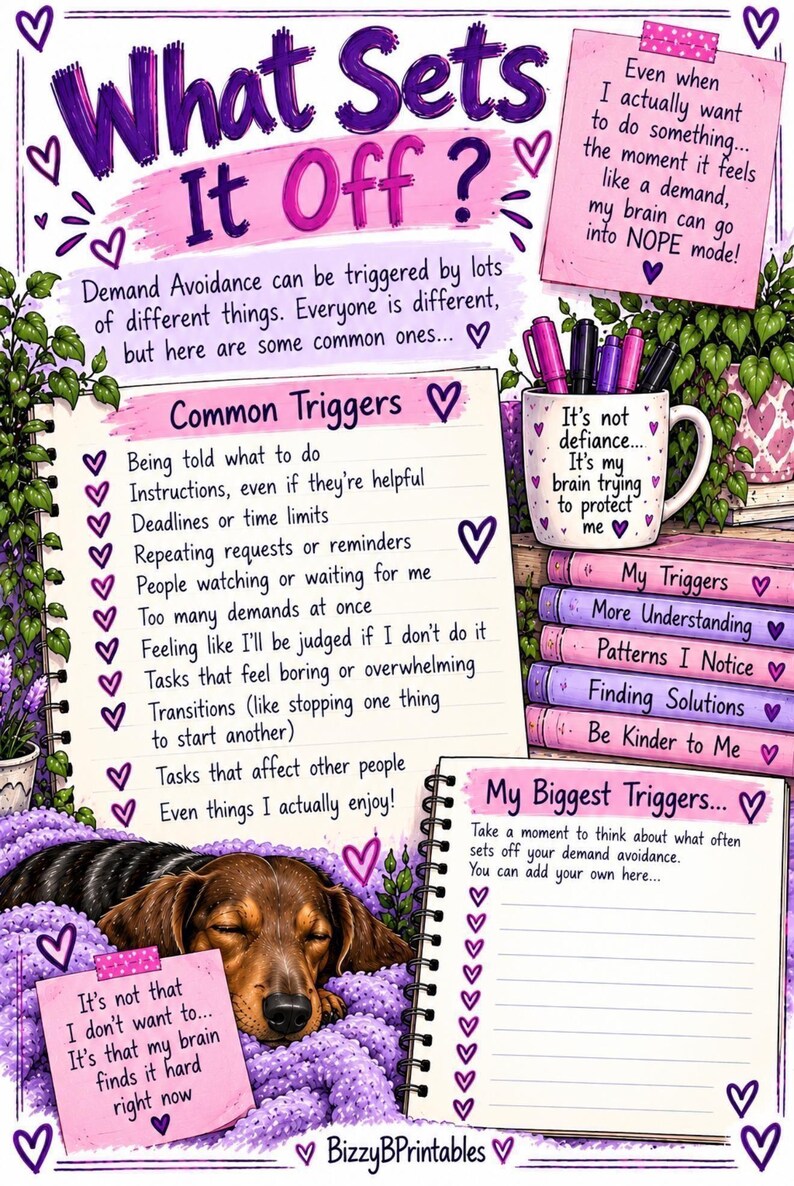 May include: An educational infographic titled What Sets It Off? featuring a list of common demand avoidance triggers, a mug with text, a stack of books, a sleeping brown dog on a purple blanket, and a notepad for personal notes with purple heart accents.