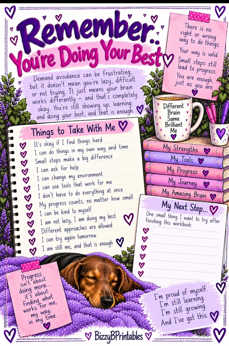 May include: A motivational print featuring a notebook with a list titled Things to Take With Me, a mug labeled Different Brain Same Brilliant Me, a stack of books, and a sleeping brown dog. The text includes affirmations about progress and self-worth.