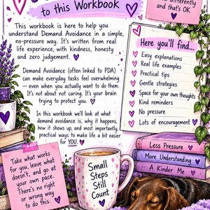 May include: A digital illustration titled Welcome to this Workbook featuring text about demand avoidance, a mug with the text Small Steps Still Count, a sleeping dachshund, a purple pen, and a notepad with a list of contents and encouraging notes.
