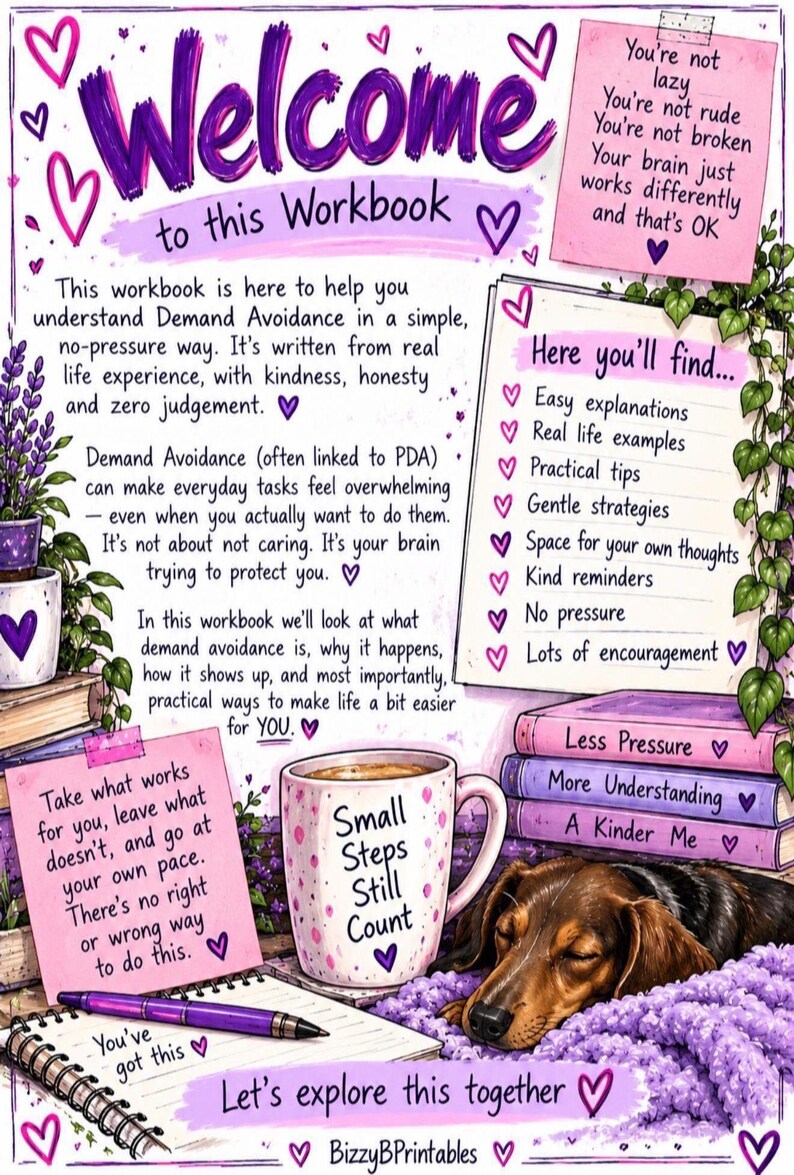 May include: A digital illustration titled Welcome to this Workbook featuring text about demand avoidance, a mug with the text Small Steps Still Count, a sleeping dachshund, a purple pen, and a notepad with a list of contents and encouraging notes.