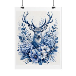 Blue Floral Deer Wall Art, Majestic Stag Print, Botanical Deer Poster, Woodland Wall Decor, Blue & White Nature Art, Gift for Deer Lovers
