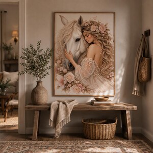 Woman and White Horse Wall Art, Equestrian Woman Poster, Boho Floral Horse Print, Elegant Feminine Wall Decor, Horse Lover Gift