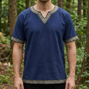 Tunica medievale da uomo, tuniche vichinghe, camicia LARP, camicia a maniche corte con scollo a V, costume da pirata rinascimentale, abbigliamento LARP