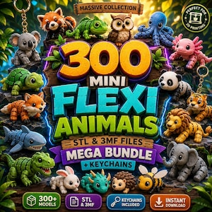 300 Mini Flexi Animal STL and 3MF Files Bundle - Print in Place 3D Printing Articulated Animals Toys, Keychains Models -  Instant Download