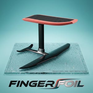 May include: A 1:10 scale premium hydrofoil model for aquatic freestyle, featuring a coral-colored textured deck, a black vertical mast, and a black hydrofoil wing assembly. The text reads PREMIUM HYDROFOIL MODEL | AQUATIC FREESTYLE | 1:10 SCALE FINGER FOIL.