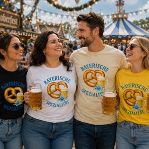 May include: Four t-shirts in black, white, beige, and yellow, each featuring a graphic of a pretzel, a beer mug, and a blue flower with the text BAYERISCHE SPEZIALITÄT. Each shirt is paired with a glass beer mug filled with golden liquid.