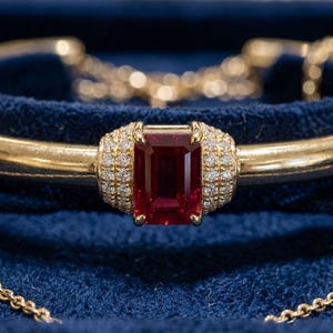 22K Solid Gold Ruby Open Cuff Bracelet for Women | Handmade Yellow Gold Bangle