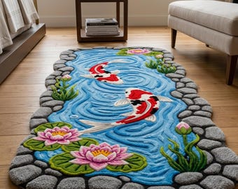 Hand Tufted Koi Fish Pond Rug, Japanese Lotus Water Garden Carpet