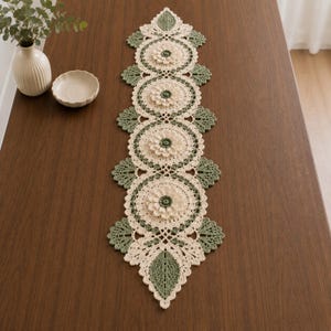 Puede incluir: Un camino de mesa de ganchillo largo y estrecho con un patrón repetitivo de motivos florales circulares de color crema con centros verde salvia, bordeado por intrincados detalles en forma de hoja verde salvia y bordes de encaje festoneado.