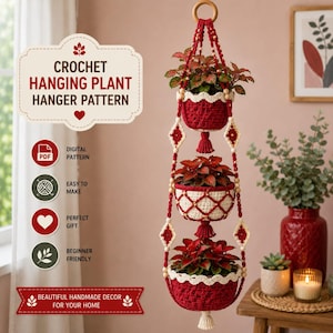 Puede incluir: Un colgador de plantas de ganchillo de tres niveles con hilo rojo oscuro y crema, cuentas de madera y un anillo superior de madera. El texto dice: CROCHET HANGING PLANT HANGER PATTERN, DIGITAL PATTERN, EASY TO MAKE, PERFECT GIFT, BEGINNER FRIENDLY.