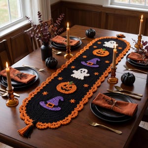 May include: A black crocheted table runner featuring orange pumpkin, purple witch hat, and white ghost motifs. The runner has an orange scalloped border and black and orange tassels at each end, displayed on a wooden dining table with place settings.