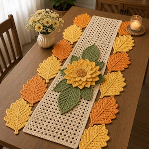 Modèle de chemin de table au crochet avec tournesols, feuilles d'automne, décoration champêtre pour Thanksgiving (PDF)