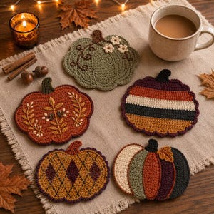 May include: Five crochet pumpkin coasters in various designs and colors. One is sage green with white flowers, one is burnt orange with embroidered leaves, one has horizontal stripes, one features a diamond pattern, and one has vertical color blocks.