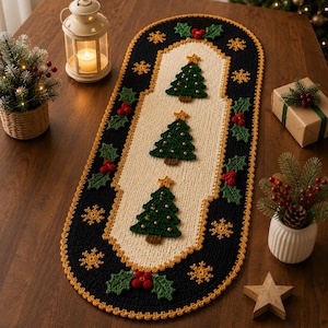 May include: An oval crochet table runner featuring a cream-colored center panel with three green Christmas trees topped with gold stars. The border is black with gold crochet snowflakes, green holly leaves, and red berries, finished with a gold trim.