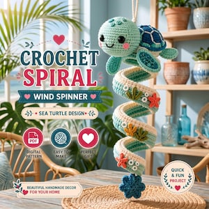 May include: A crochet spiral wind spinner featuring a sea turtle design with a light green head, a blue shell, and a spiraling body in shades of white and green, decorated with small crocheted starfish and coral accents, hanging from a rope.