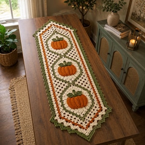 Peut inclure: Un chemin de table rectangulaire en crochet orné de trois citrouilles orange à tiges vertes centrées dans des motifs en losange crème, bordé d'un motif en dentelle complexe vert et orange avec des bords pointus sur toute la longueur.