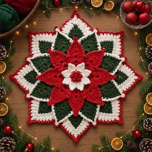 May include: A star-shaped crochet doily featuring a layered design with a central white flower, surrounded by red petals, and an outer border of dark green and white geometric patterns. The piece is crafted with yarn in a festive color palette.