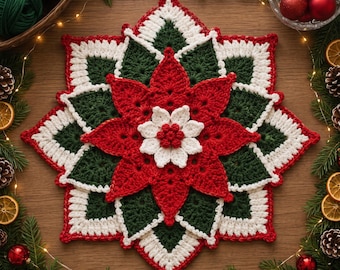 Poinsettia Crochet Pattern PDF, Christmas Table Topper, Holiday Centerpiece Doily, Xmas Decor
