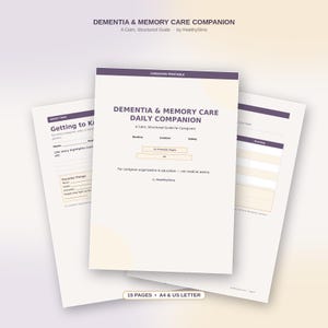 K&ouml;nnte beinhalten: Ein Set aus druckbaren Seiten mit dem Titel Dementia & Memory Care Daily Companion, A Calm, Structured Guide for Caregivers. Die Dokumente enthalten Abschnitte f&uuml;r Routine, Komfort und Sicherheit sowie Felder f&uuml;r Lebensgeschichten und Tagespl&auml;ne.