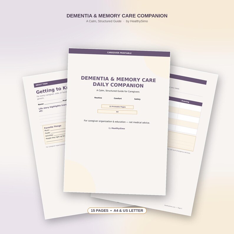 K&ouml;nnte beinhalten: Ein Set aus druckbaren Seiten mit dem Titel Dementia & Memory Care Daily Companion, A Calm, Structured Guide for Caregivers. Die Dokumente enthalten Abschnitte f&uuml;r Routine, Komfort und Sicherheit sowie Felder f&uuml;r Lebensgeschichten und Tagespl&auml;ne.
