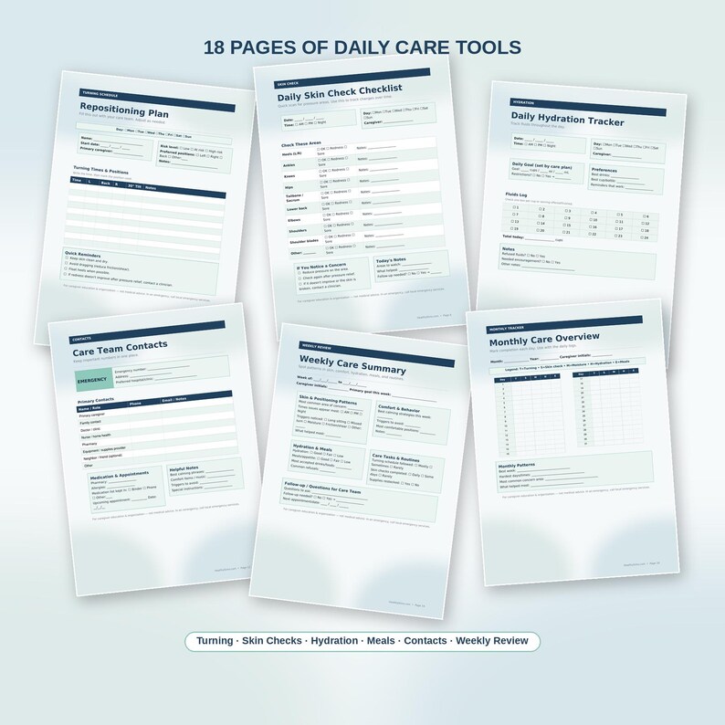 May include: A set of 18 pages of daily care tools featuring printed forms for a Repositioning Plan, Daily Skin Check Checklist, Daily Hydration Tracker, Care Team Contacts, Weekly Care Summary, and Monthly Care Overview with blue headers.