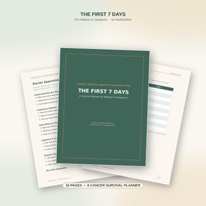 Pu&ograve; includere: Un'agenda verde scuro intitolata THE FIRST 7 DAYS A Survival Planner for Patients & Caregivers con bordi dorati. L'agenda &egrave; mostrata con due pagine interne bianche che presentano liste di controllo per appuntamenti medici e note.