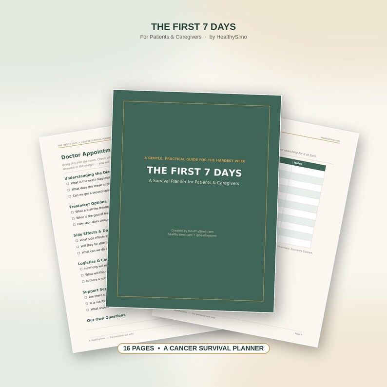 Pu&ograve; includere: Un'agenda verde scuro intitolata THE FIRST 7 DAYS A Survival Planner for Patients & Caregivers con bordi dorati. L'agenda &egrave; mostrata con due pagine interne bianche che presentano liste di controllo per appuntamenti medici e note.