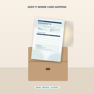 May include: A white paper document titled Repositioning Plan with fields for name, date, and turning times, placed above a brown folder. The text KEEP IT WHERE CARE HAPPENS appears at the top, and Bedside Wheelchair Care Binder at the bottom.