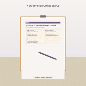 K&ouml;nnte beinhalten: Ein Klemmbrett mit einem Safety & Environment Check Dokument mit Abschnitten f&uuml;r Falls & Mobility, Wandering & Doors, Kitchen & Hazards und Today's Notes. Ein violetter Stift liegt auf der Seite. Der Text lautet A SAFETY CHECK, MADE SIMPLE.
