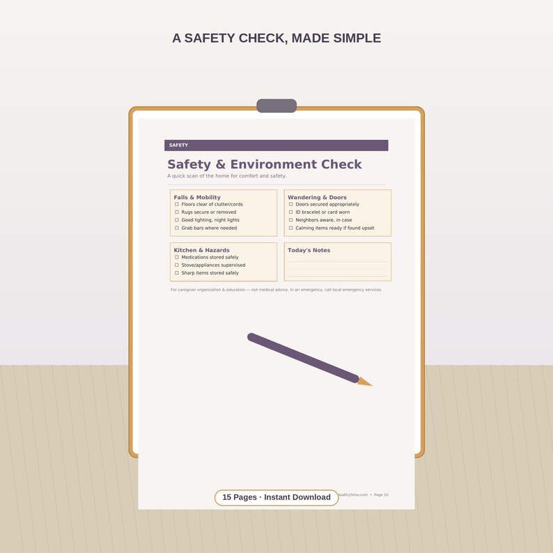 K&ouml;nnte beinhalten: Ein Klemmbrett mit einem Safety & Environment Check Dokument mit Abschnitten f&uuml;r Falls & Mobility, Wandering & Doors, Kitchen & Hazards und Today's Notes. Ein violetter Stift liegt auf der Seite. Der Text lautet A SAFETY CHECK, MADE SIMPLE.
