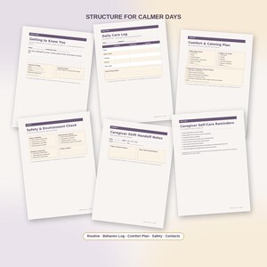K&ouml;nnte beinhalten: Sechs wei&szlig;e, druckbare Seiten mit dem Titel Structure for Calmer Days, die Formulare f&uuml;r Getting to Know You, Daily Care Log, Comfort & Calming Plan, Safety & Environment Check, Caregiver Shift Handoff Notes und Caregiver Self-Care Reminders enthalten.
