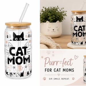 16oz Glass Tumbler - Cat Mom - with Bamboo Lid and Glass Staw
