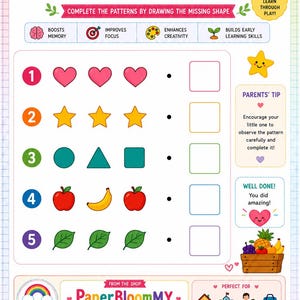May include: A Montessori pattern match educational worksheet featuring five rows of colourful shapes and objects including hearts, stars, circles, triangles, squares, apples, bananas, and leaves with blank boxes for drawing the missing pattern sequence.