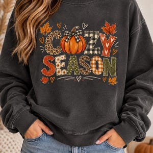 May include: A charcoal gray crewneck sweatshirt featuring a graphic print that reads COZY SEASON. The text incorporates patterns like leopard print, black and white buffalo plaid, and orange gingham, with an orange pumpkin replacing the O.