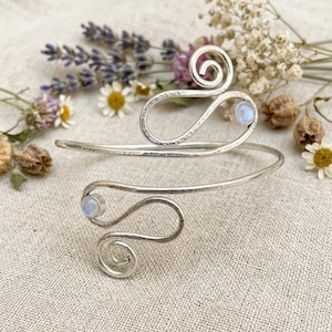 925Sterling Silver Arm Cuff, Hammered Swirl Moonstone Bangle, Boho Statement Armlet Jewelry