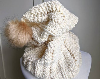 Off white crochet cable hat with pom pom and cowl, hat and cowl set, handmade, crochet hat, crochet cowl