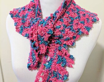 Pink and blue silk crochet shawlette Handmade