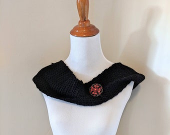 Black infinity scarf with brooch, crochet infinity scarf, handmade scarf, infinity scarf, black cowl, crochet cowl