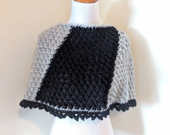 Black and Grey Color block poncho/cowl, crochet poncho, crochet cowl, handmade cowl, chunky cowl