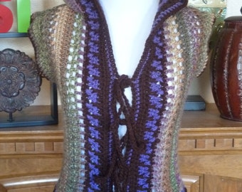 Tie Front Hooded Multicolor Vest, crochet vest, hooded vest, handmade vest, women's vest, sweater vest