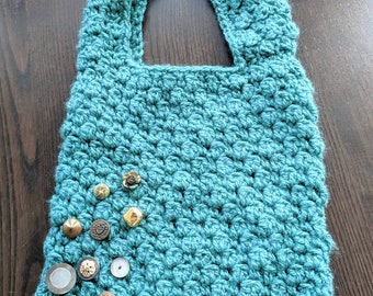 Crochet bag with buttons, handmade bag, vintage buttons, crochet handbag, teal bag, shoulder bag