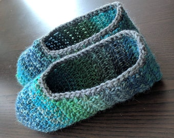 Cozy crochet slippers green blue and gray