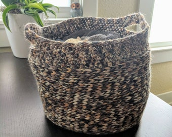 Crochet basket with handles, handmade basket, organization, basket, tan, black, white, brown, wool basket, flower pot coozie