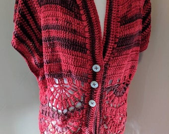 Red and purple crochet cardigan, hand crochet, women's sweater, women's vest, plus size cardigan, boho chic